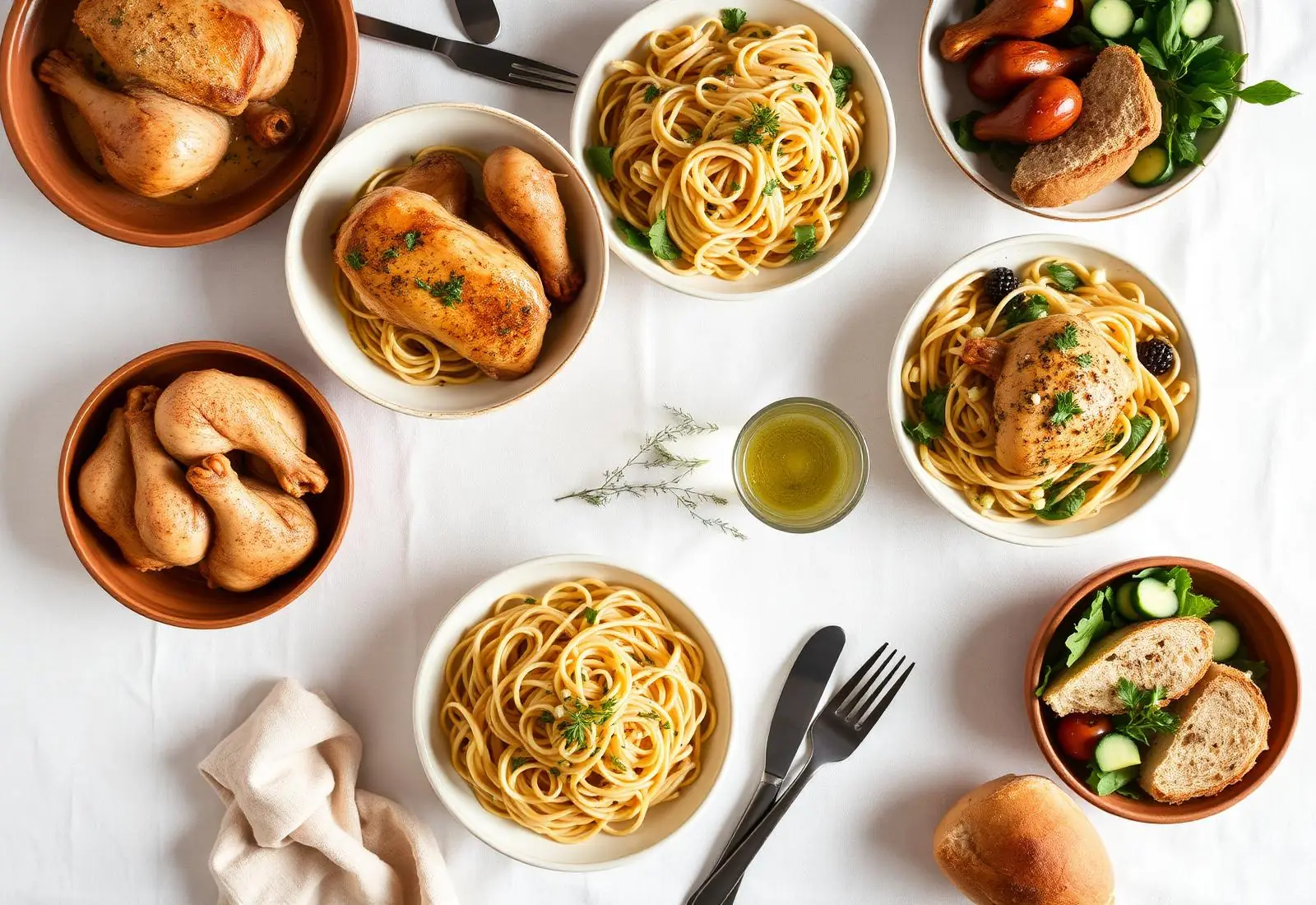 Family dinner table with pasta, chicken and salad